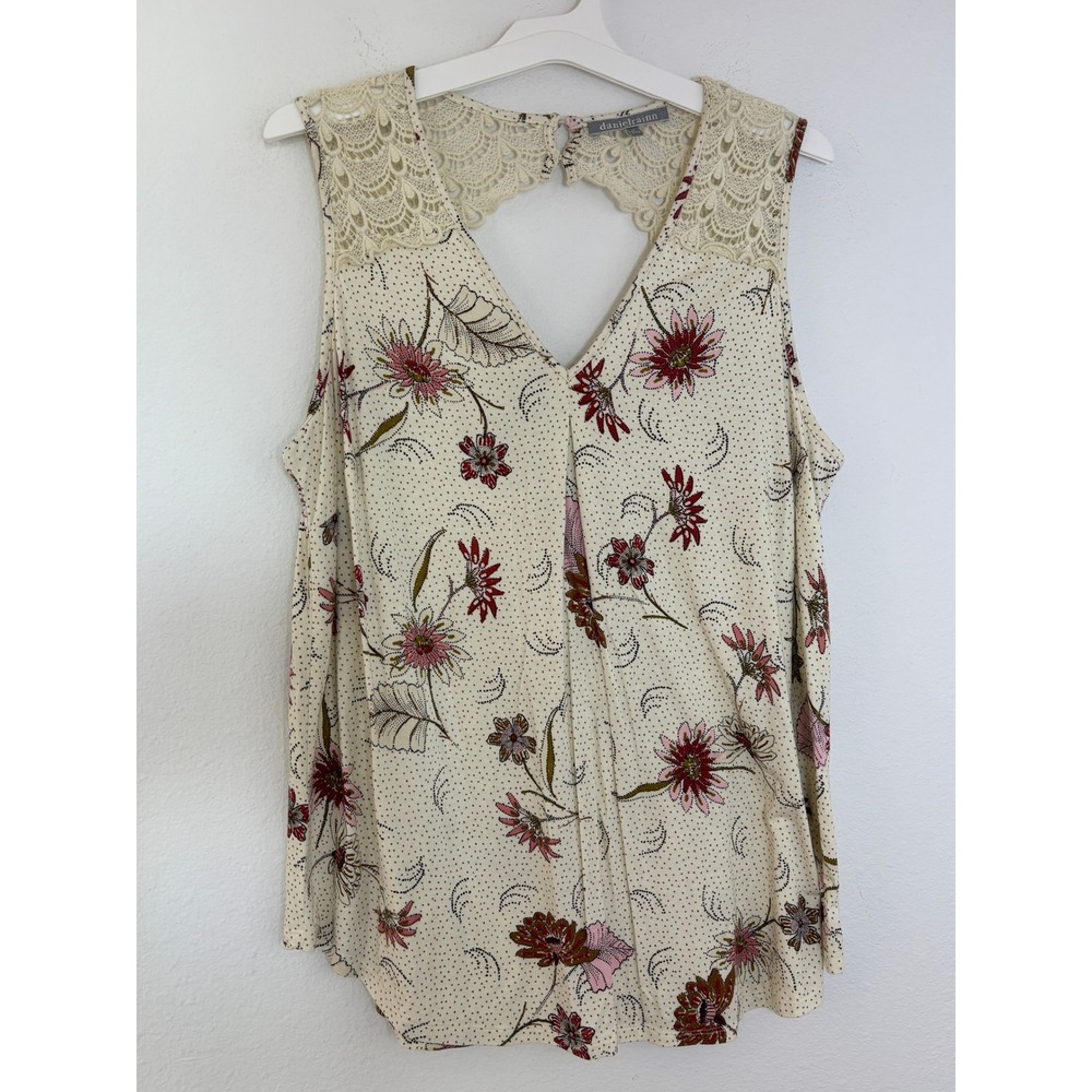 Daniel Rainn Floral Polka Dot Lace Crochet Trim Sleeveless Blouse 1X V-Neck